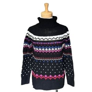VINTAGE Grandma Print Black White Pink Fisherman TurtleNeck Women's Sweater. M
